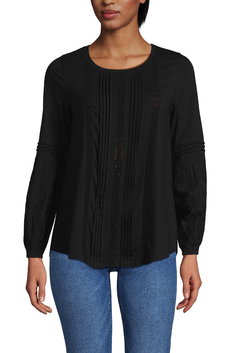 Lands' End Lightweight Jersey Lace Mix Long Sleeve Pintuck Top, Main, color, Black