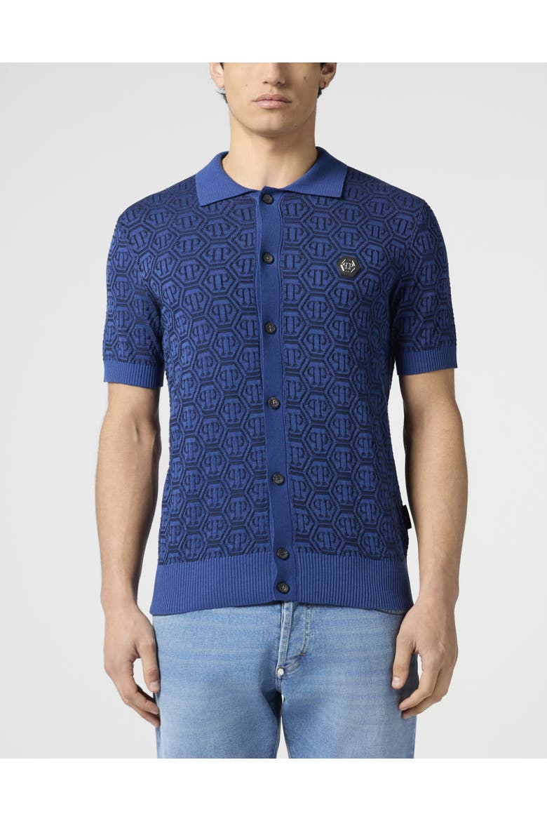 Buttoned-Up Polo Shirt Jacquard Monogram Men, Main, color, navy