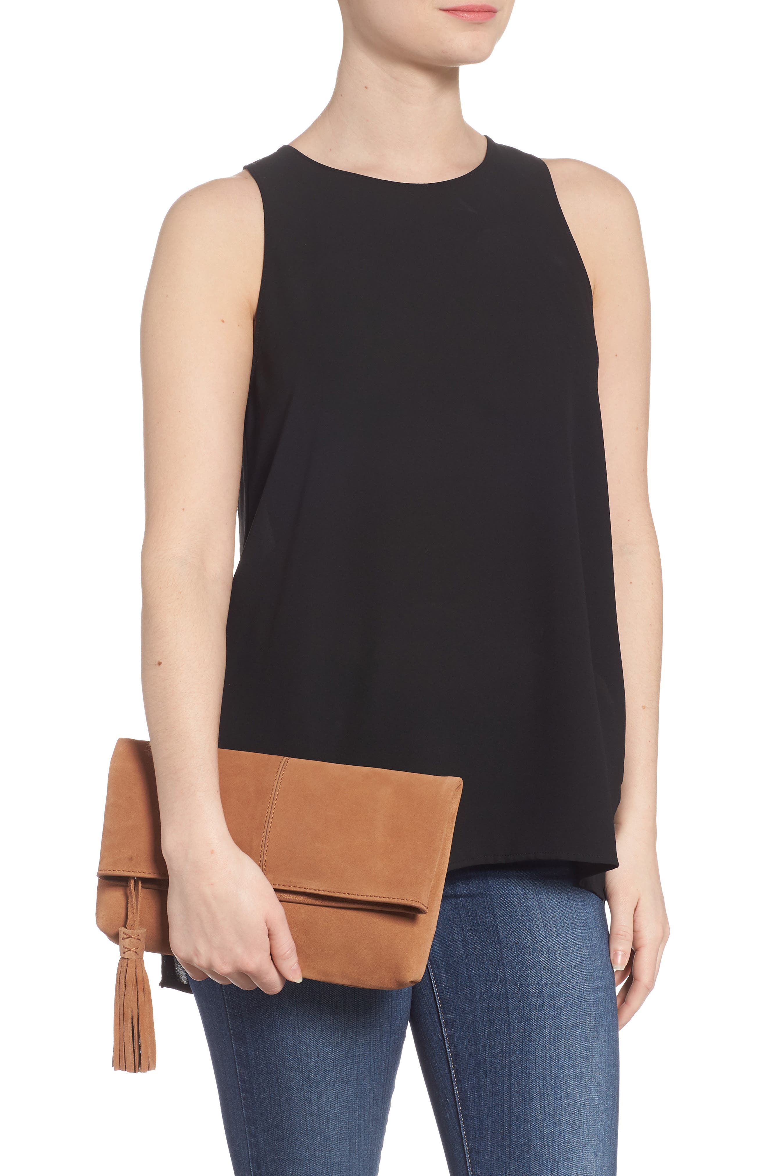 Suede Clutch, Alternate, color, COGNAC