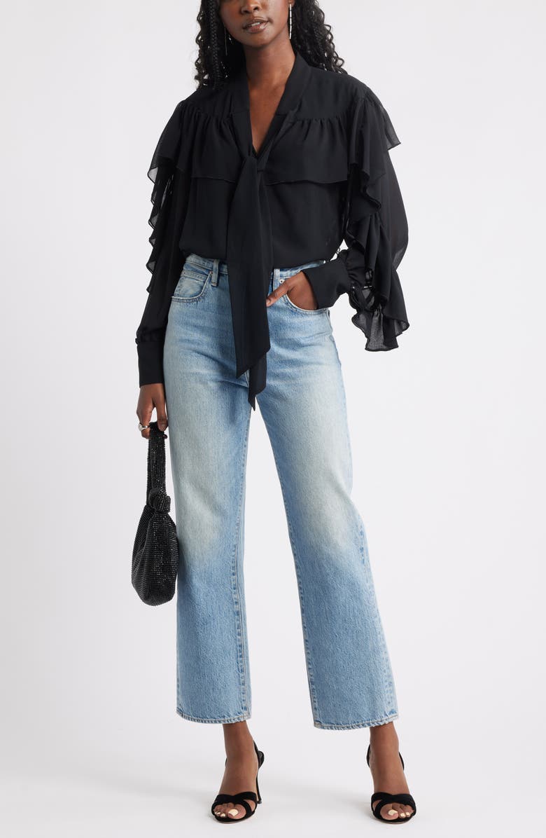 Treasure & Bond Tie Neck Ruffle Chiffon Top, Alternate, color, Black
