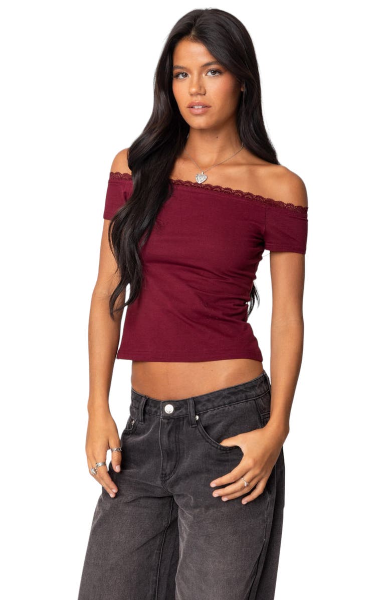EDIKTED XOE Lace Trim Off the Shoulder Crop Top, Alternate, color, Burgundy