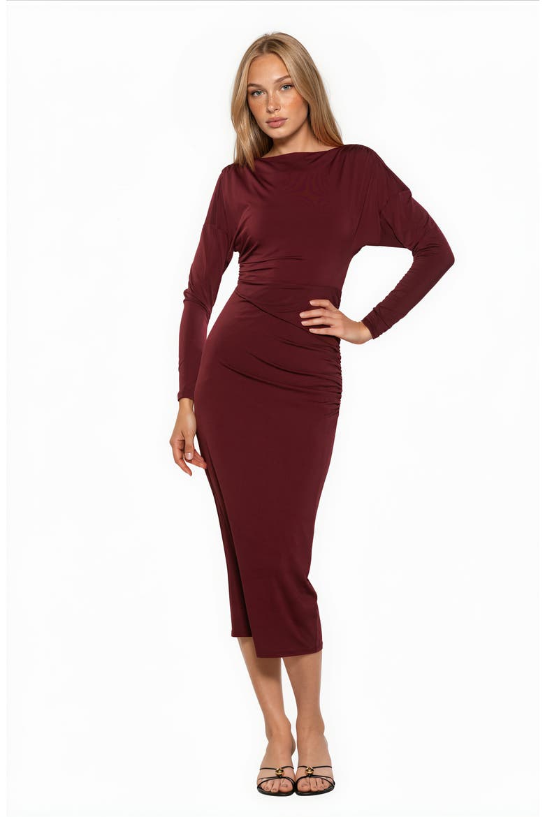 Oliviane Ruched Long Sleeve Stretch Midi Dress, Alternate, color, BURGUNDY
