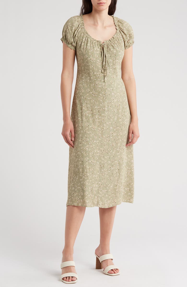 Melrose and Market Floral Tie Keyhole Puff Sleeve Midi Dress, Main, color,
