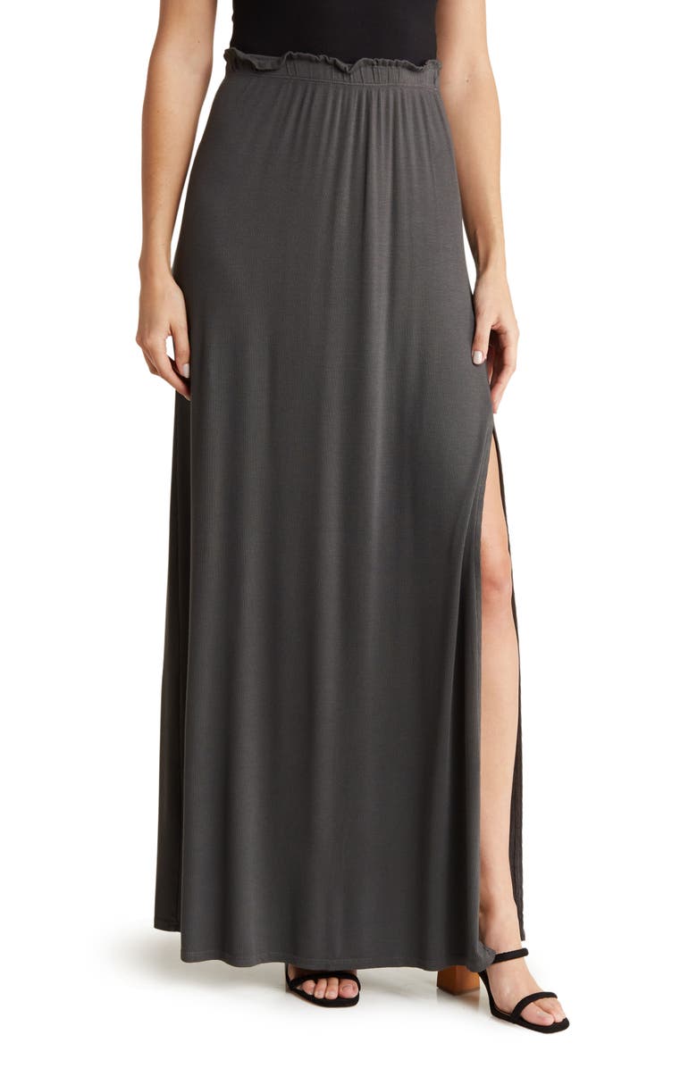 GO COUTURE One Slit Ruffle Maxi Skirt, Main, color, Black