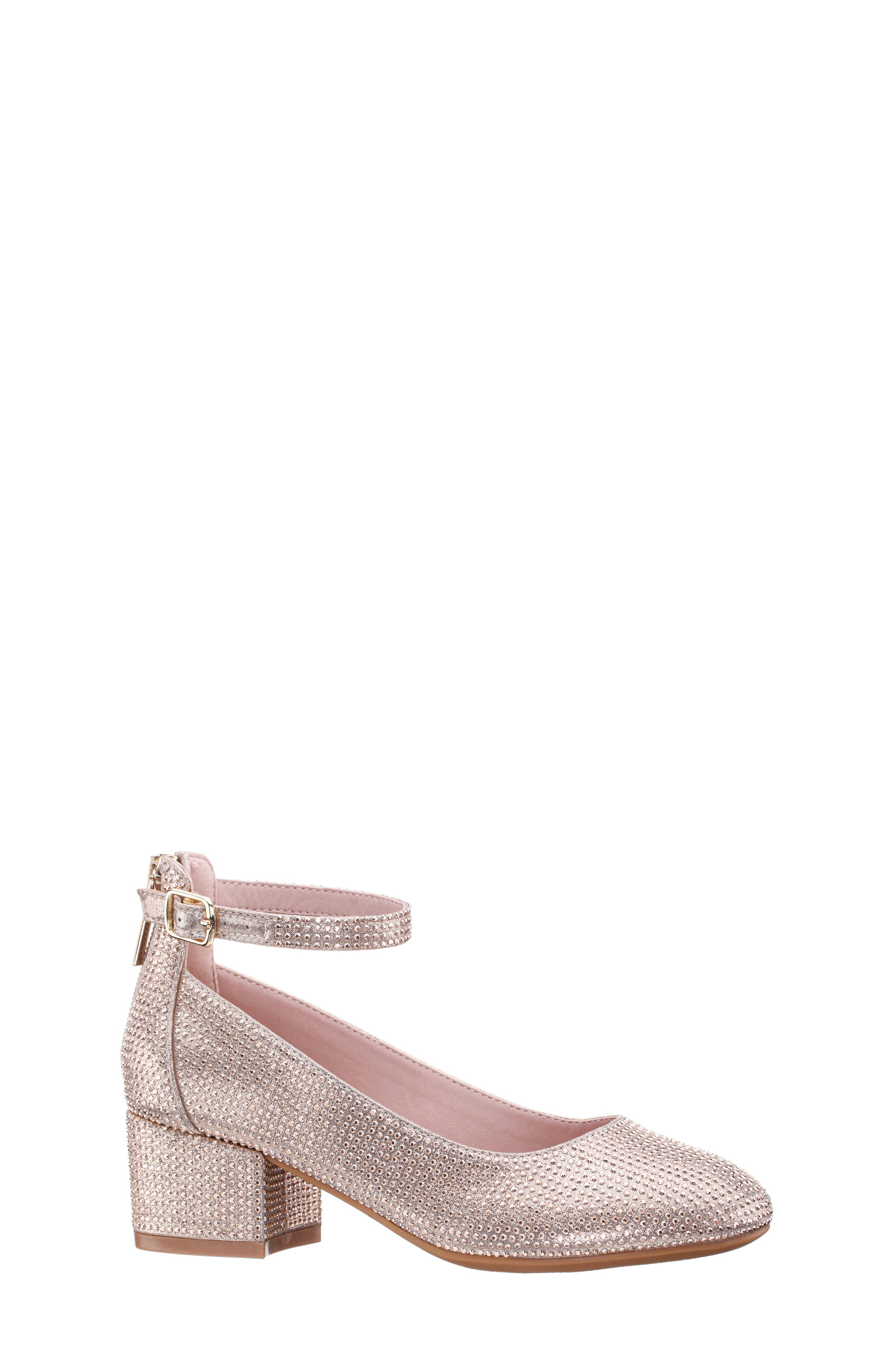 Kids' Lennie Rhinestone Ankle Strap Pump, Main, color, LIGHT GOLD SATIN/ RHINESTONES