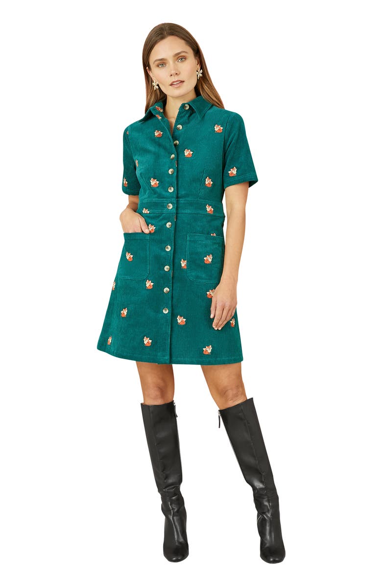 Yumi Fox Embroidered Cord Shirt Dress, Main, color, Teal