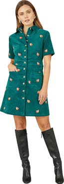 Yumi Fox Embroidered Cord Shirt Dress