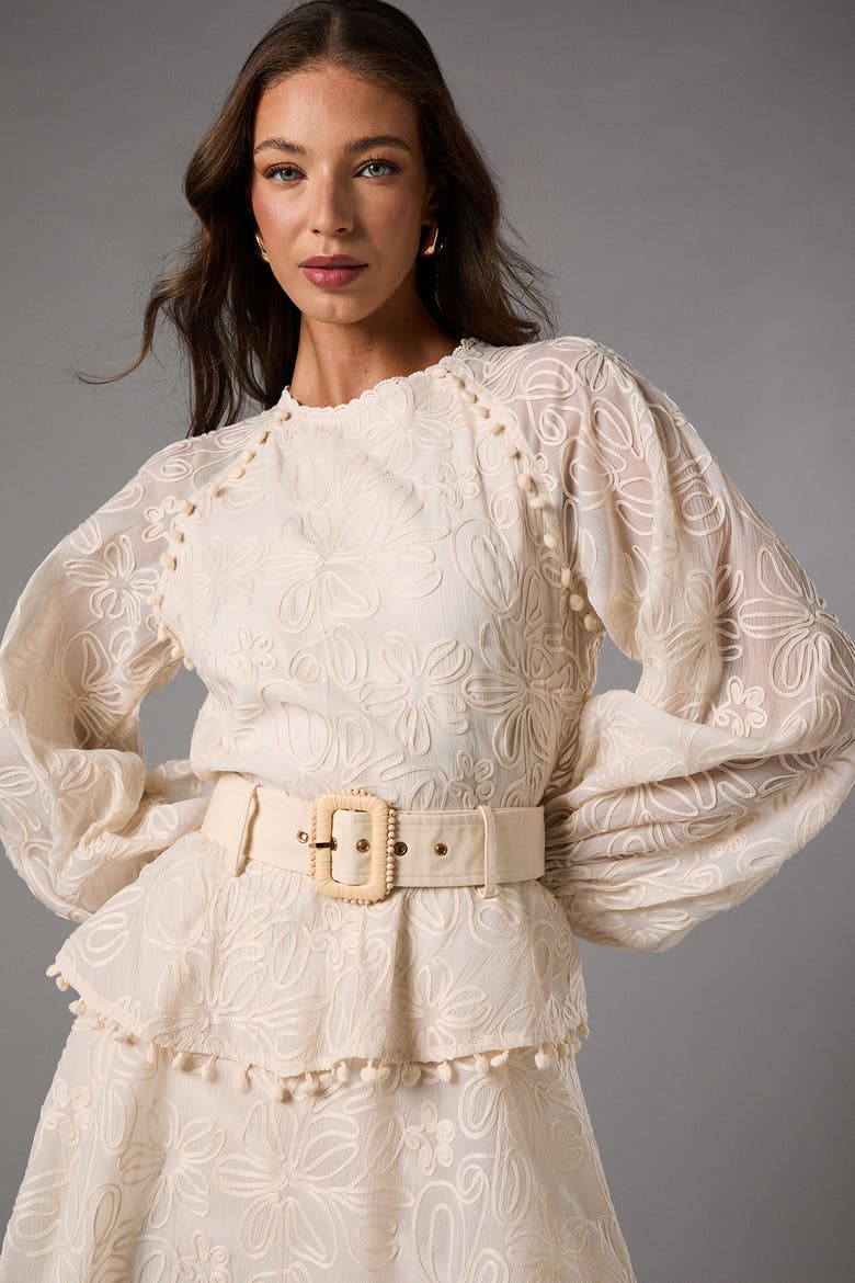 Long Sleeve Tiered Skirt Belted Dress, Alternate, color, Cream