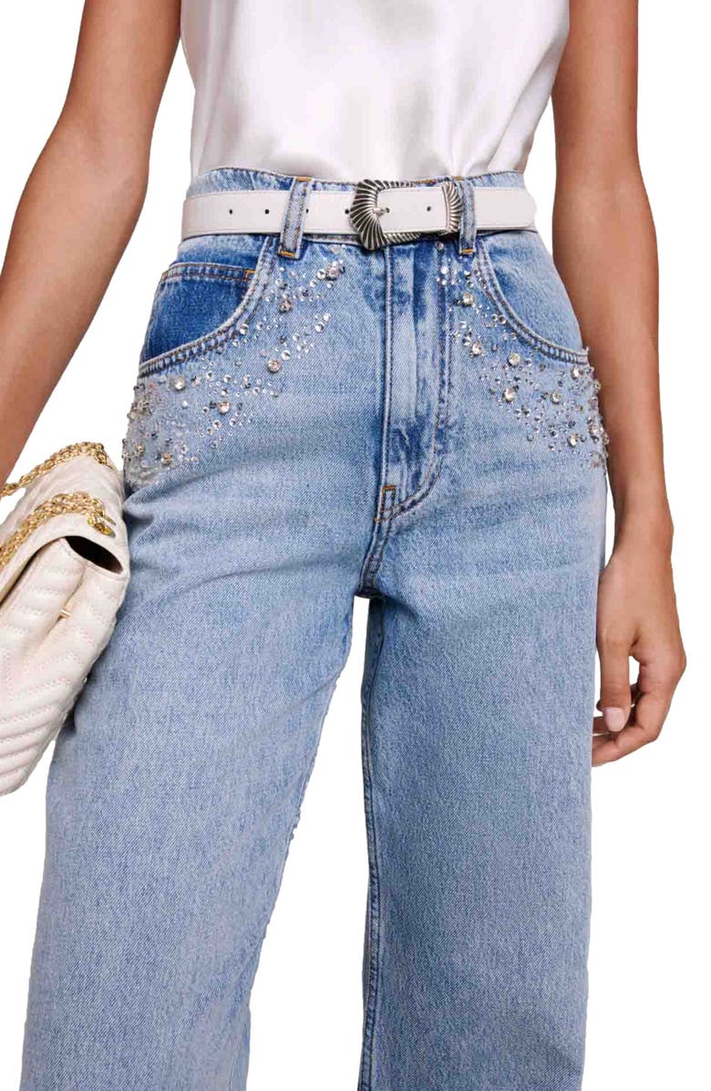 maje Petoile Crystal Embellished Flare Leg Jeans, Alternate, color,