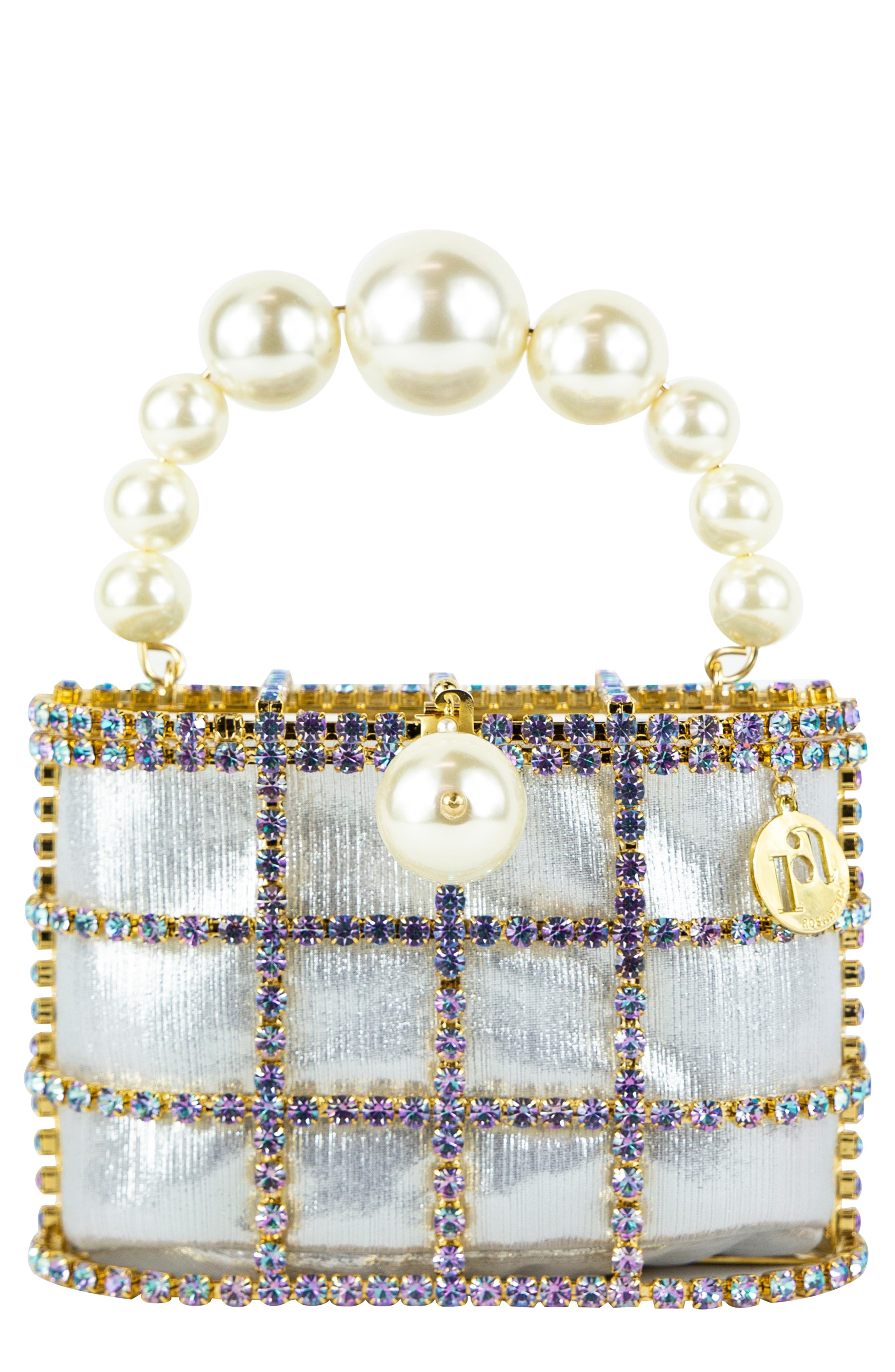 Rosantica Holli Shiny Crystal & Imitation Pearl Top Handle Bag, Main, color, 
