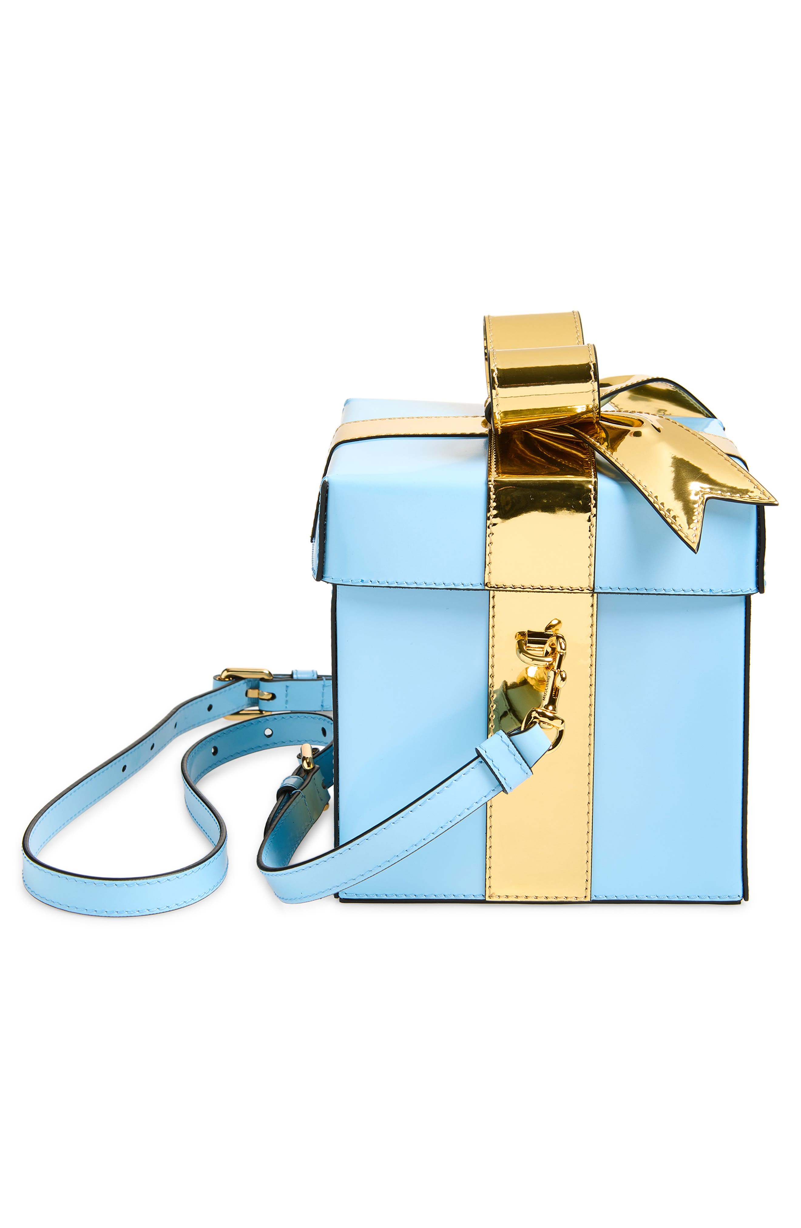 Moschino Gift Box Bag Leather Clutch, Alternate, color, Blue