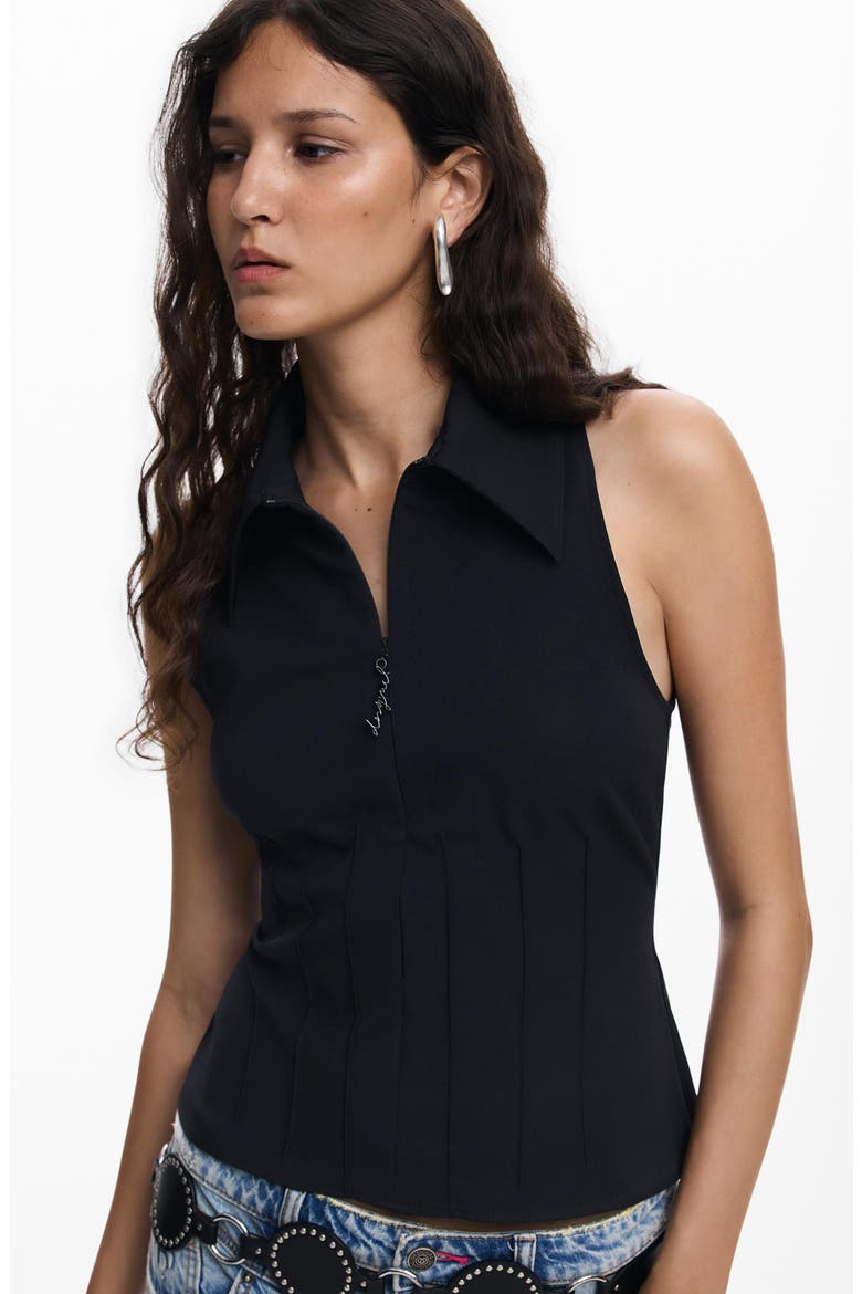 Pleated Sleeveless Half Zip Top, Alternate, color, BLACK