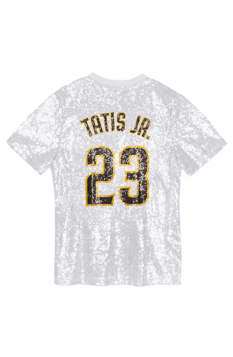 Outerstuff Juniors Fernando Tatis Jr. White San Diego Padres Name & Number Sequin V-Neck Top, Alternate, color, White