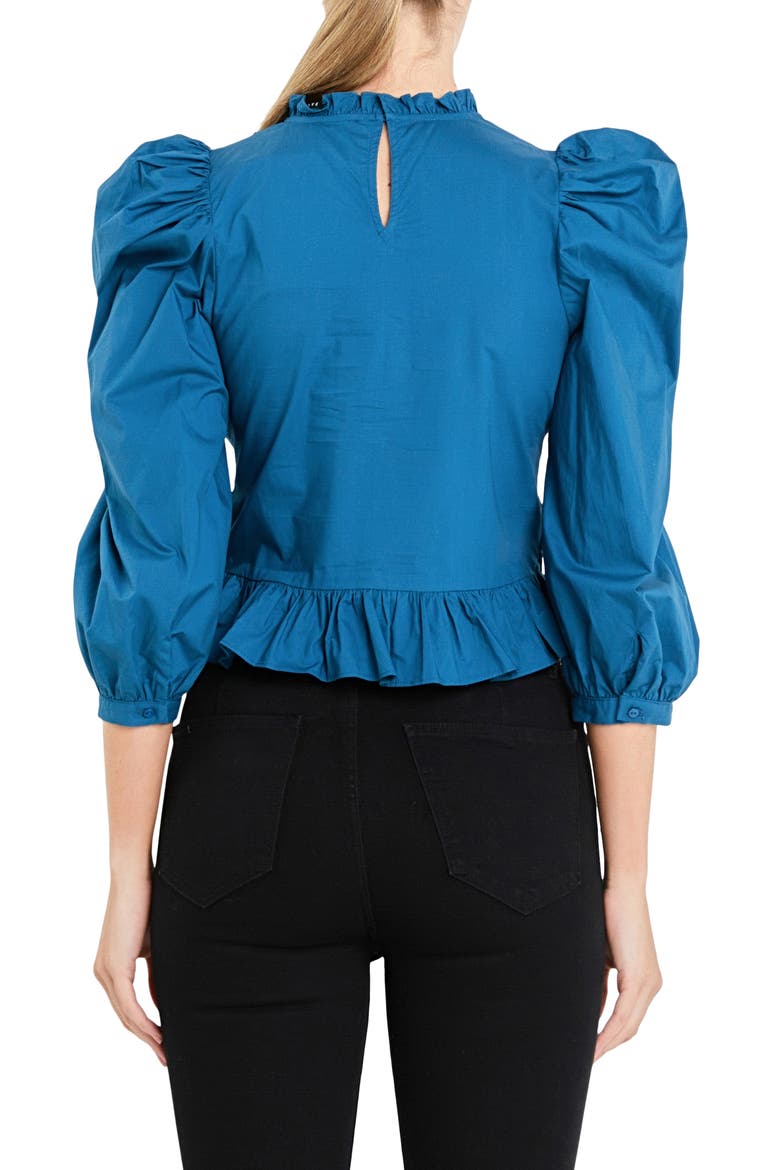 Smocked Puff Shoulder Poplin Top, Alternate, color, TEAL BLUE