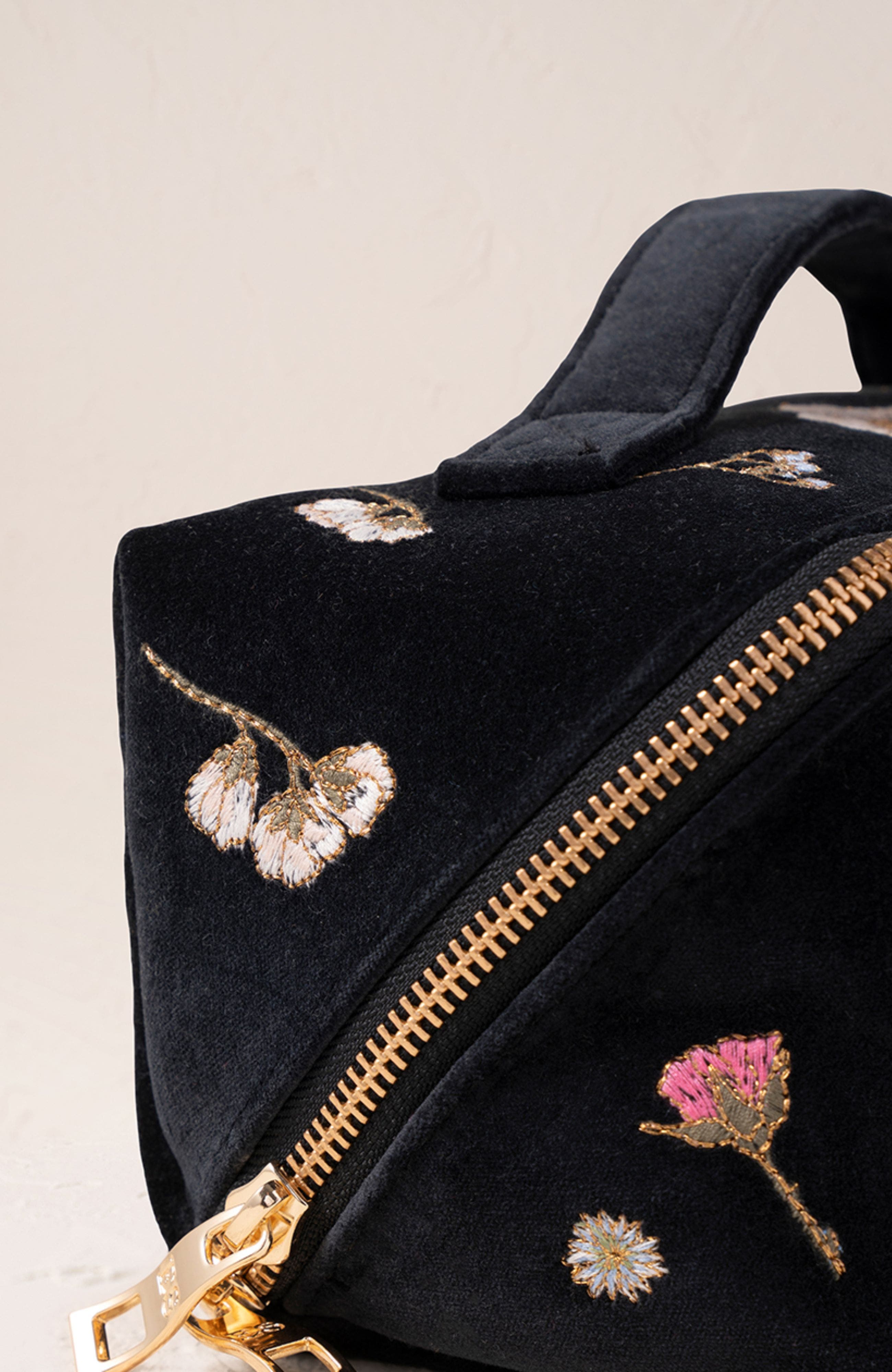 Pressed Flowers Velvet Open Flat Makeup Bag, Alternate, color, Charcoal