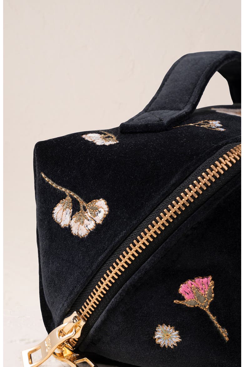 Pressed Flowers Velvet Open Flat Makeup Bag, Alternate, color, Charcoal