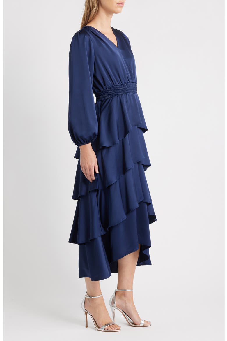 Long Sleeve Tiered High-Low Satin Dress, Alternate, color, DISTANT MOUNTAIN