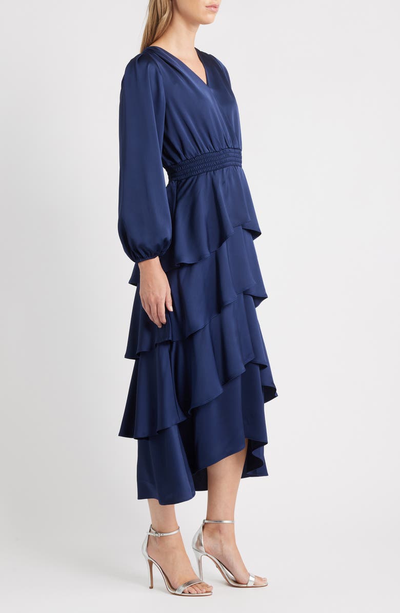Anne Klein Long Sleeve Tiered High-Low Satin Dress, Alternate, color, Distant Mountain