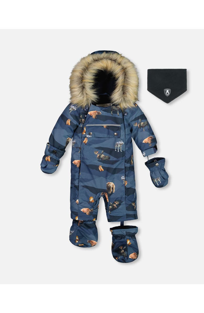 Deux par Deux Baby Boy's One Piece Baby Snowsuit Navy Printed Mountains Animals Designed For Car Seat, Main, color,