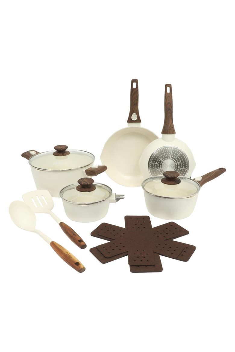 18 Piece Ceramic Nonstick Cookware Set in Matte Linen, Main, color, White