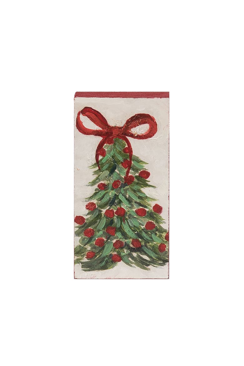 Hand Painted Holiday Tree Block Freestanding Tabletop Sign, Main, color, Green