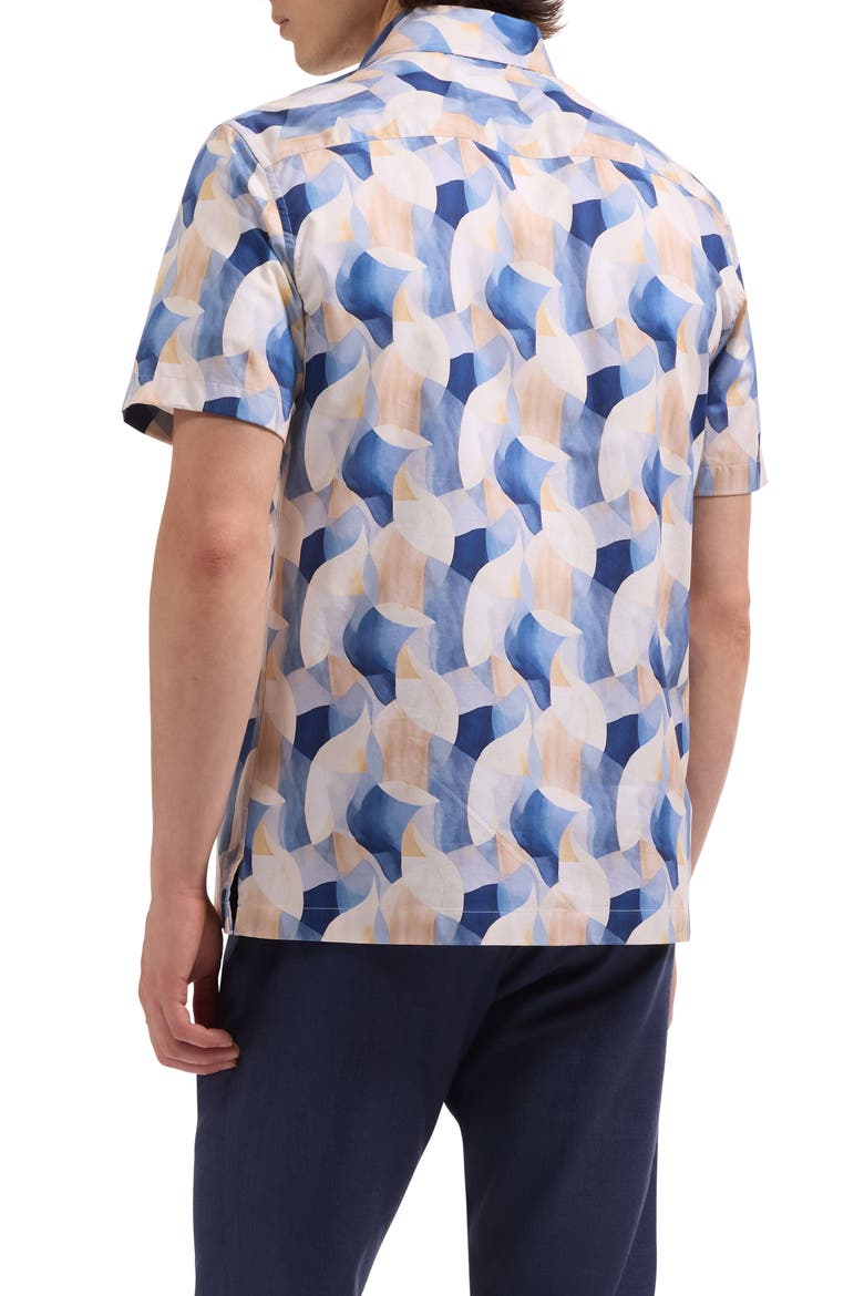 Vero Shaped Fit Abstract Print Short Sleeve Stretch Cotton Button-Up Shirt, Alternate, color, COBALT
