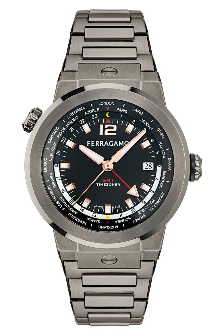 F-80 GMT Worldtime Bracelet Watch, 43mm, Main, color, IP GUNMETAL