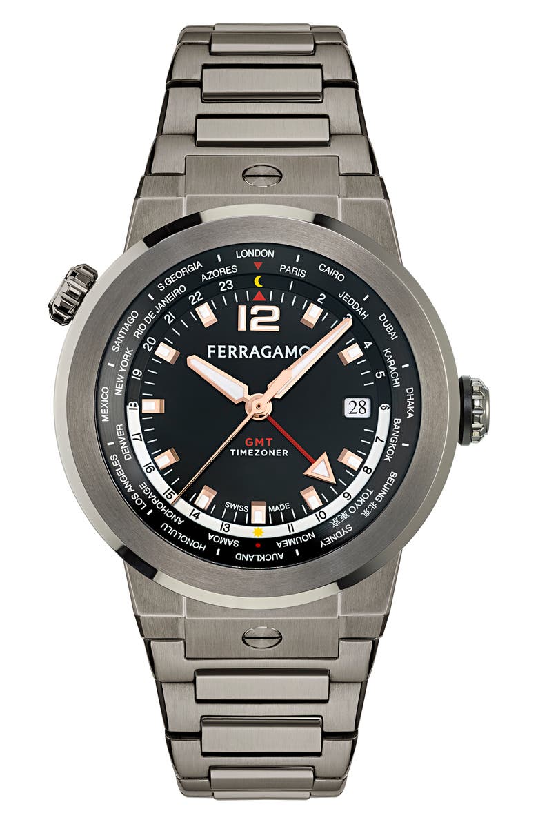 FERRAGAMO F-80 GMT Worldtime Bracelet Watch, 43mm, Main, color,
