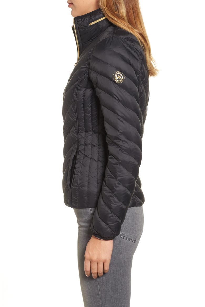 Chevron Quilted Packable Down Puffer Jacket with Stowaway Hood, Alternate, color, BLACK