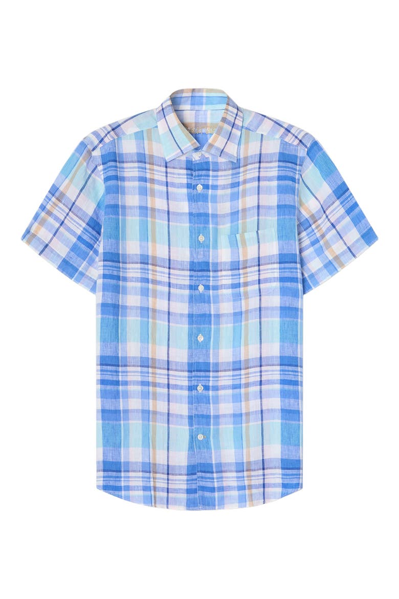 Morgan Plaid Linen Short Sleeve Shirt, Alternate, color, Aqua Multi