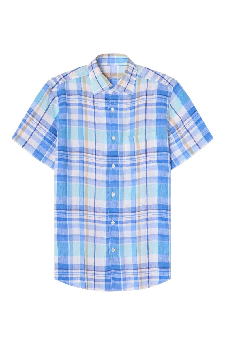 Robert Talbott Morgan Plaid Linen Short Sleeve Shirt, Alternate, color, Aqua Multi
