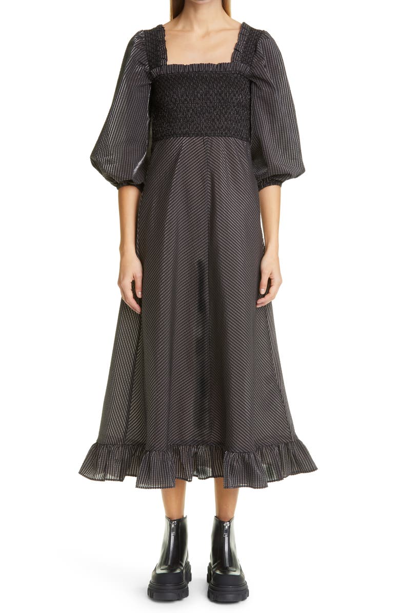 Ganni Seersucker Check Square Neck Dress, Main, color, 