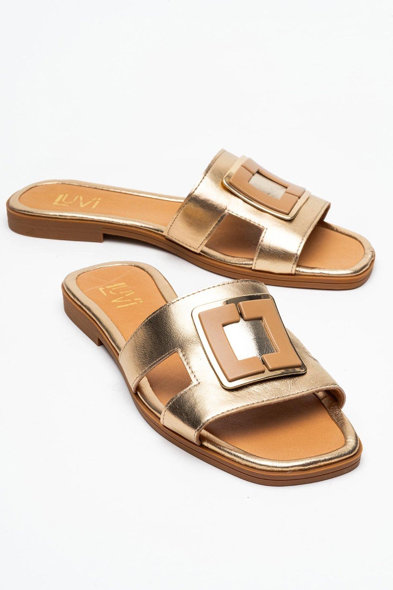Millie Leather Buckle Slide, Alternate, color, Gold Leather