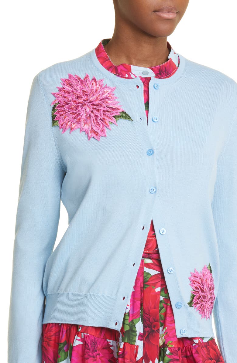 Oscar de la Renta Embroidered Dahlia Virgin Wool Cardigan, Alternate, color, 
