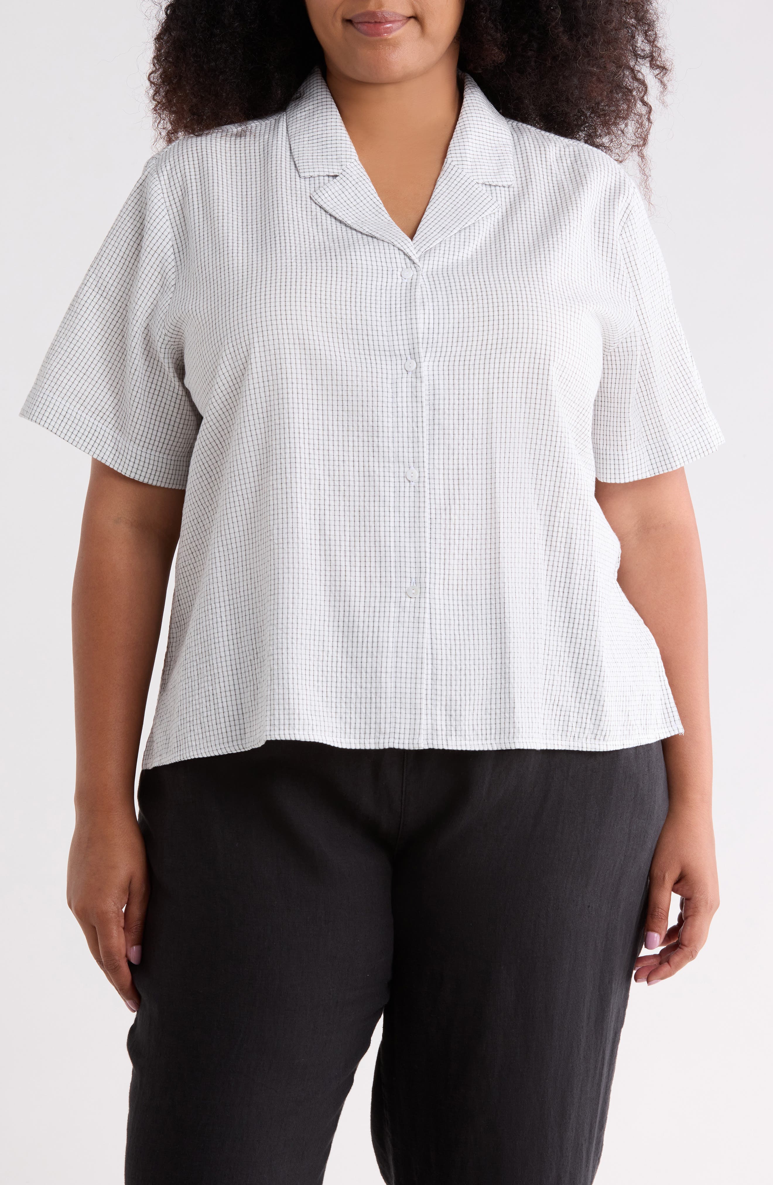 Eileen Fisher Grid Print Organic Cotton Camp Shirt