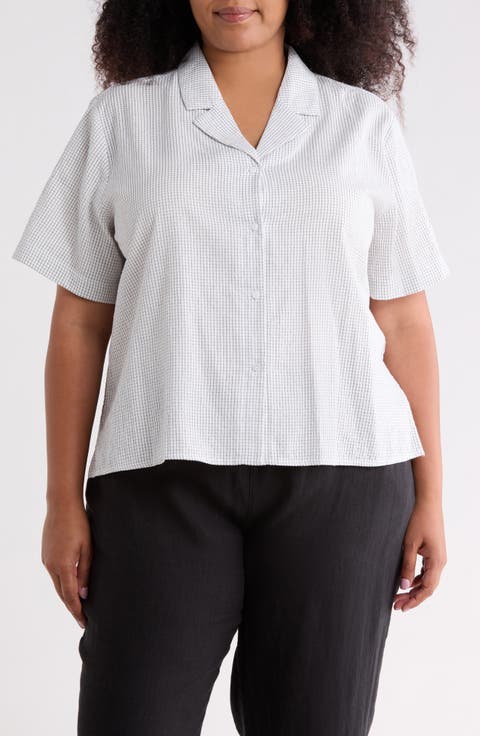 Grid Print Organic Cotton Camp Shirt (Plus)