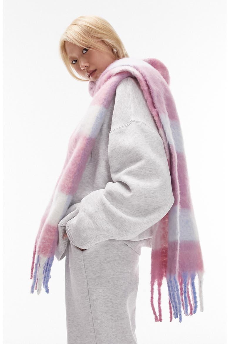 Blanket Check Fringe Scarf, Main, color, PINK