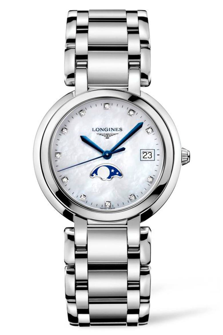 PrimaLuna Diamond Bracelet Watch, 34mm, Main, color, SILVER/ MOP/ SILVER
