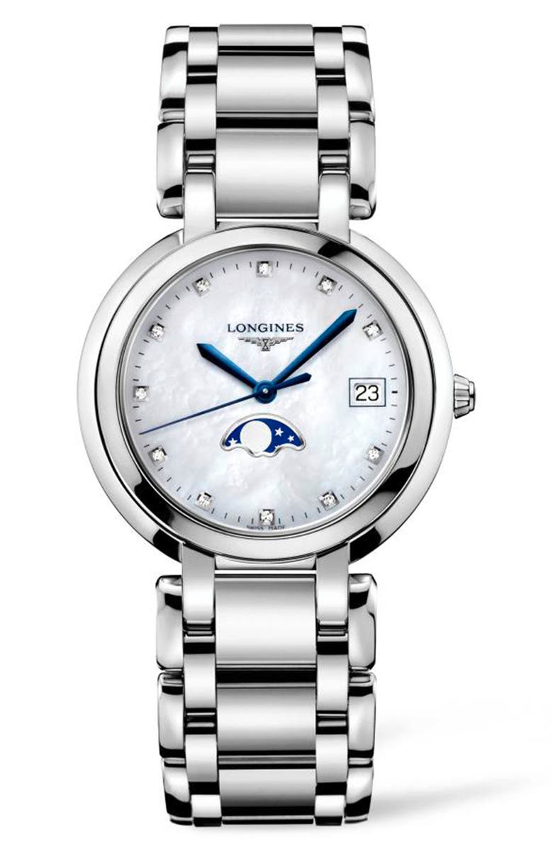 Longines PrimaLuna Diamond Bracelet Watch, 34mm, Main, color, Silver/ Mop/ Silver