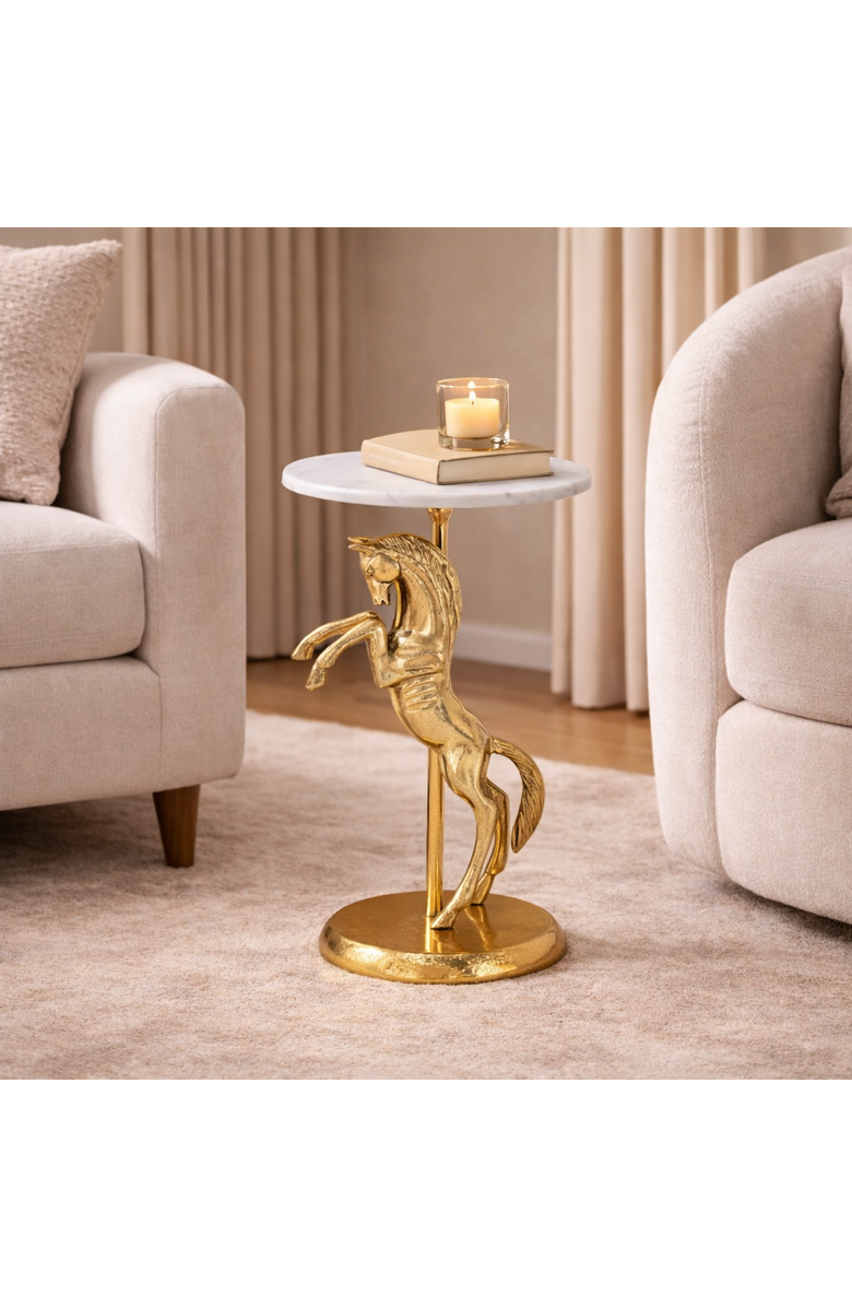 Expo Bazaar Horse Side Table with Marble Top, Alternate, color, White