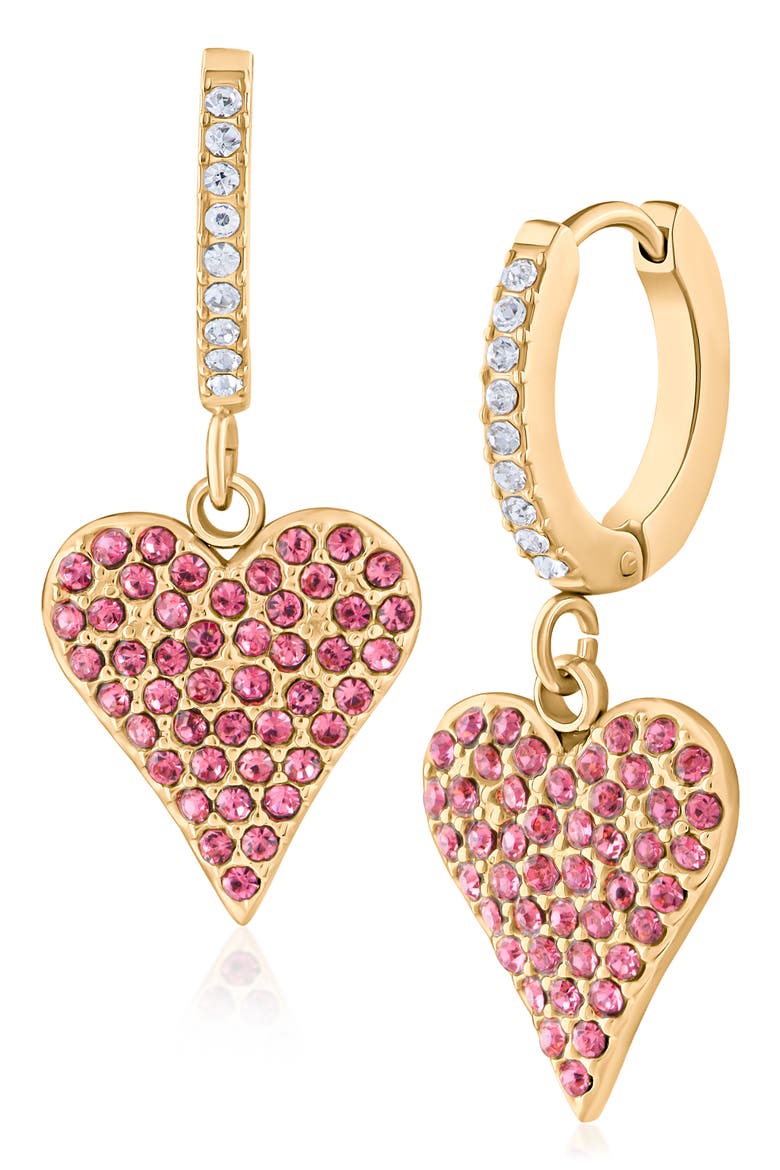 Crystal Heart Huggie Hoop Earrings, Main, color, PINK/ CLEAR GOLD