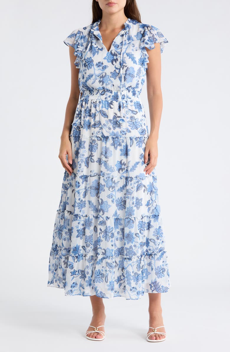 Halogen<sup>®</sup> Tie Neck Tiered Maxi Dress, Main, color, Blue Multi