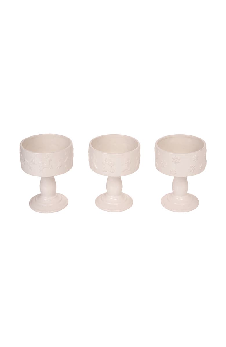 Transpac Ceramic Pedestal Christmas Decor Bowl Set of Three Decorations, Main, color, White