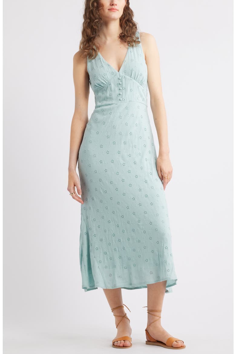 Eyelet Bias Cut Sleeveless Midi Dress, Main, color, TEAL TIDE