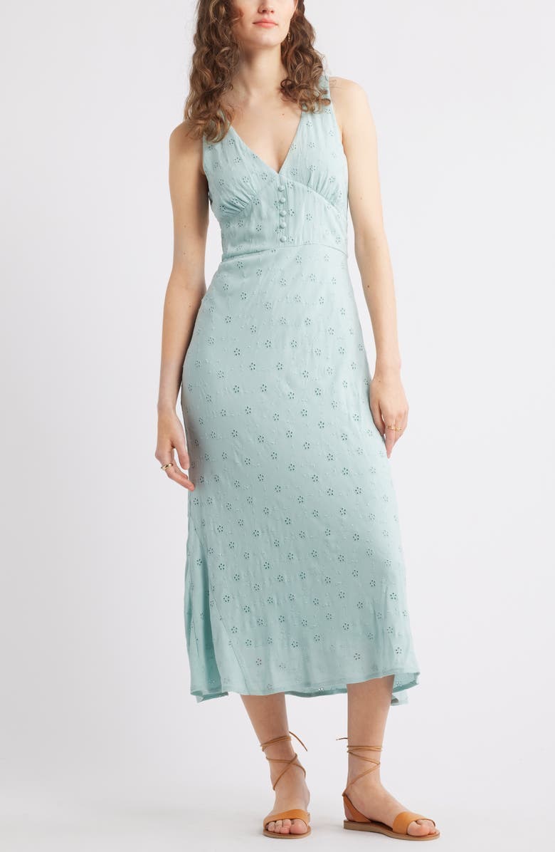 Treasure & Bond Eyelet Bias Cut Sleeveless Midi Dress, Main, color, Teal Tide
