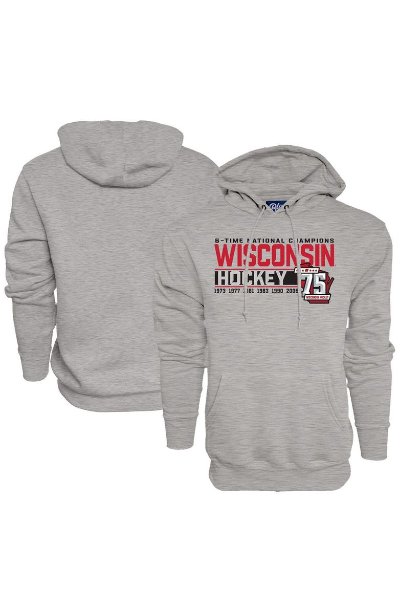 BLUE 84 Men's Blue 84  Heather Gray Wisconsin Badgers Men's Hockey 75th Season & Six-Time National Champions Pullover Hoodie, Main, color, 