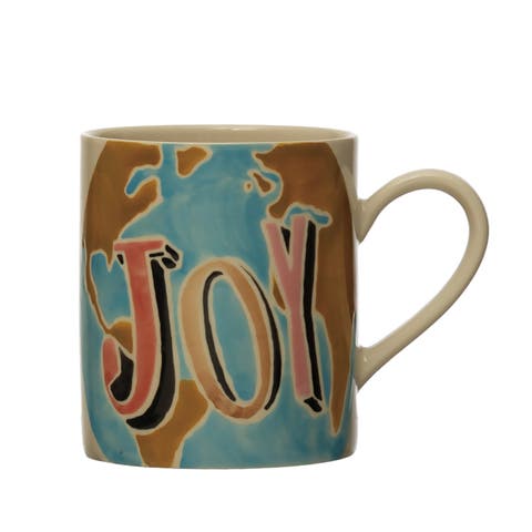 Hand-Painted Stoneware Mug with Wax Relief Word "Joy", Multicolor