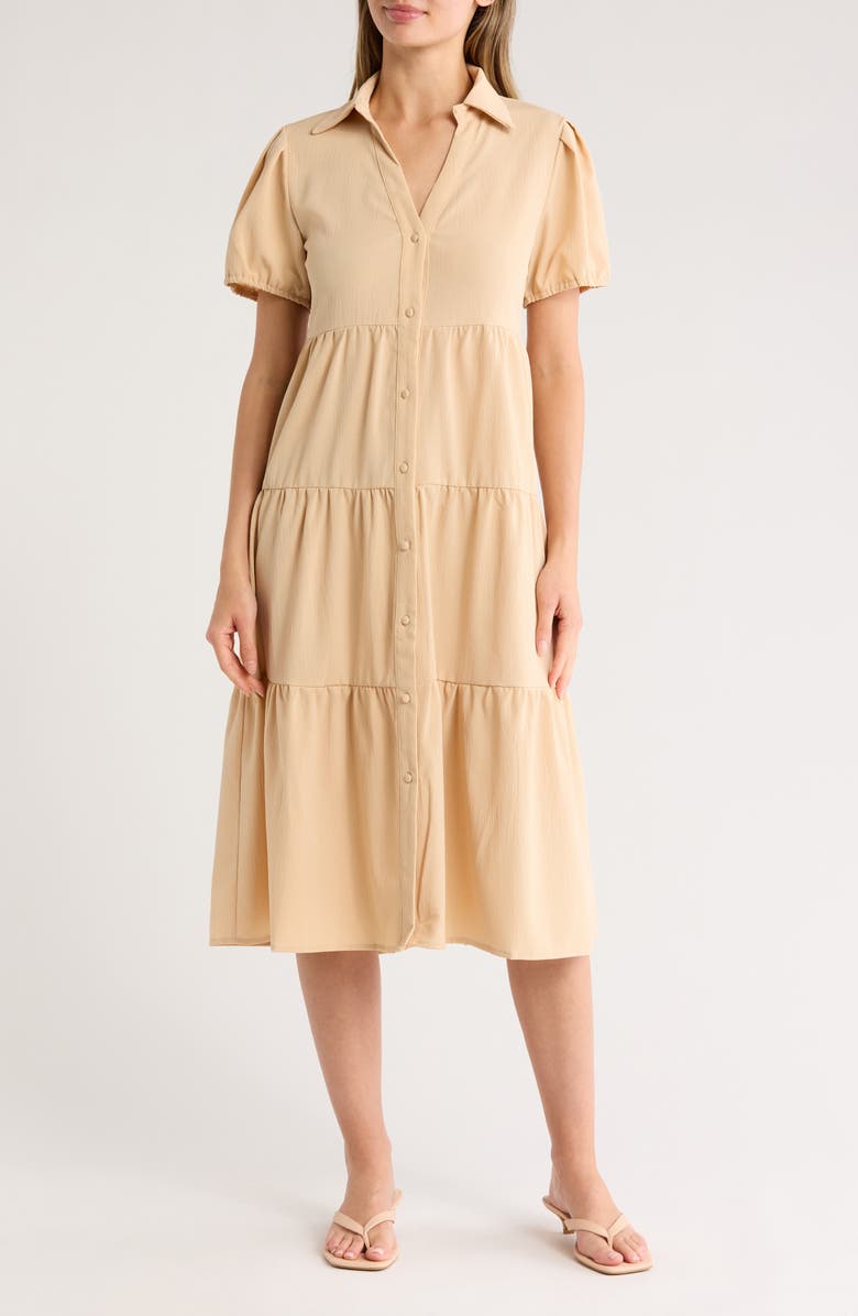 AREA STARS Bellina Cotton Tiered Shirtdress, Main, color, Beige