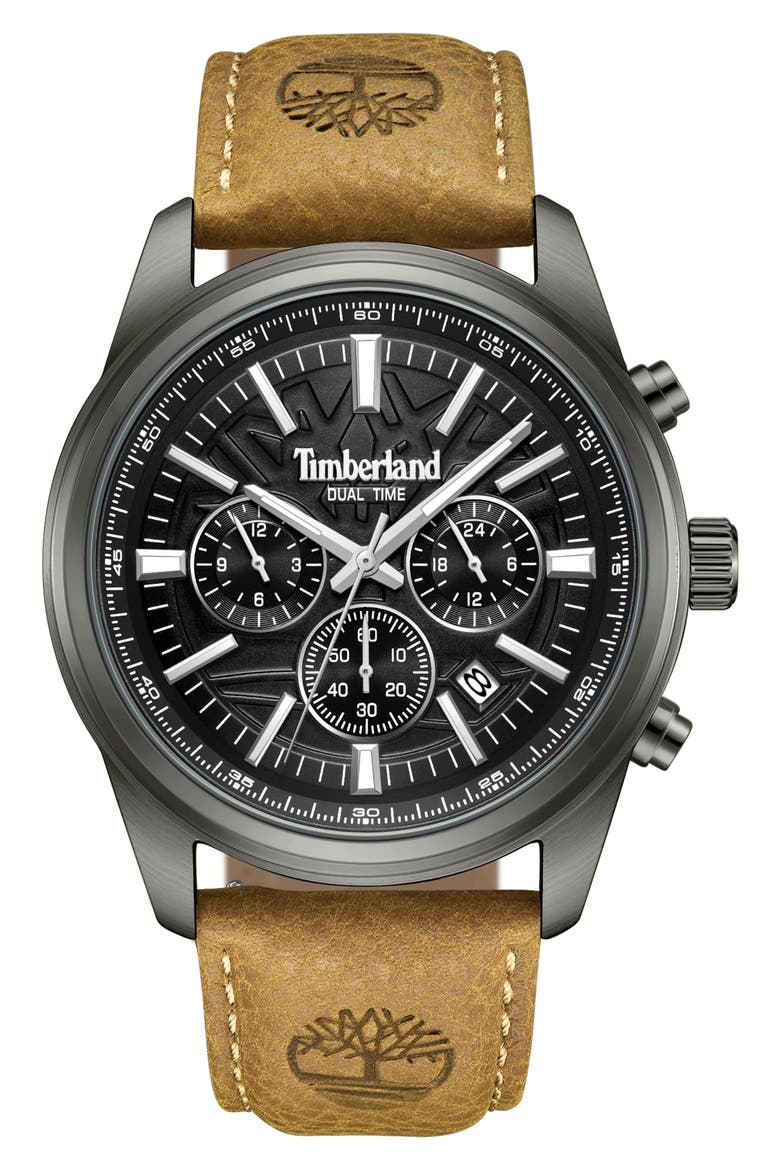 Northbridge Multifunction Chronograph Leather Strap Watch, 45mm, Main, color, TAN