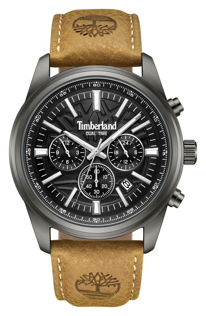Timberland Northbridge Multifunction Chronograph Leather Strap Watch, 45mm, Main, color, Tan